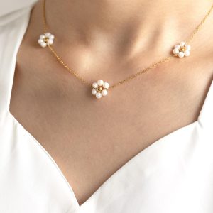 Pearl Flower Necklace Natural Freshwater Handmade Bridal Gift