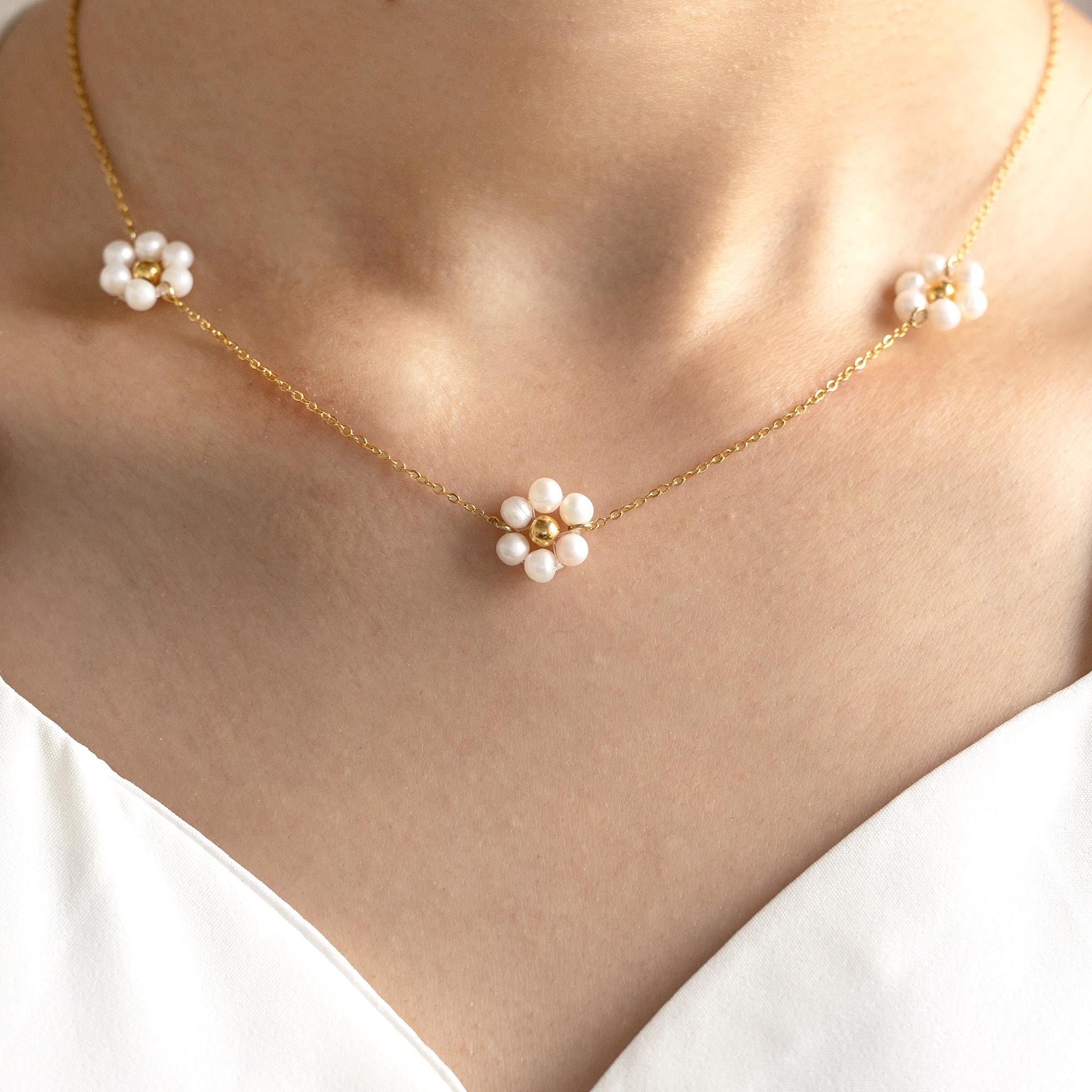 Pearl Flower Necklace Natural Freshwater Handmade Bridal Gift