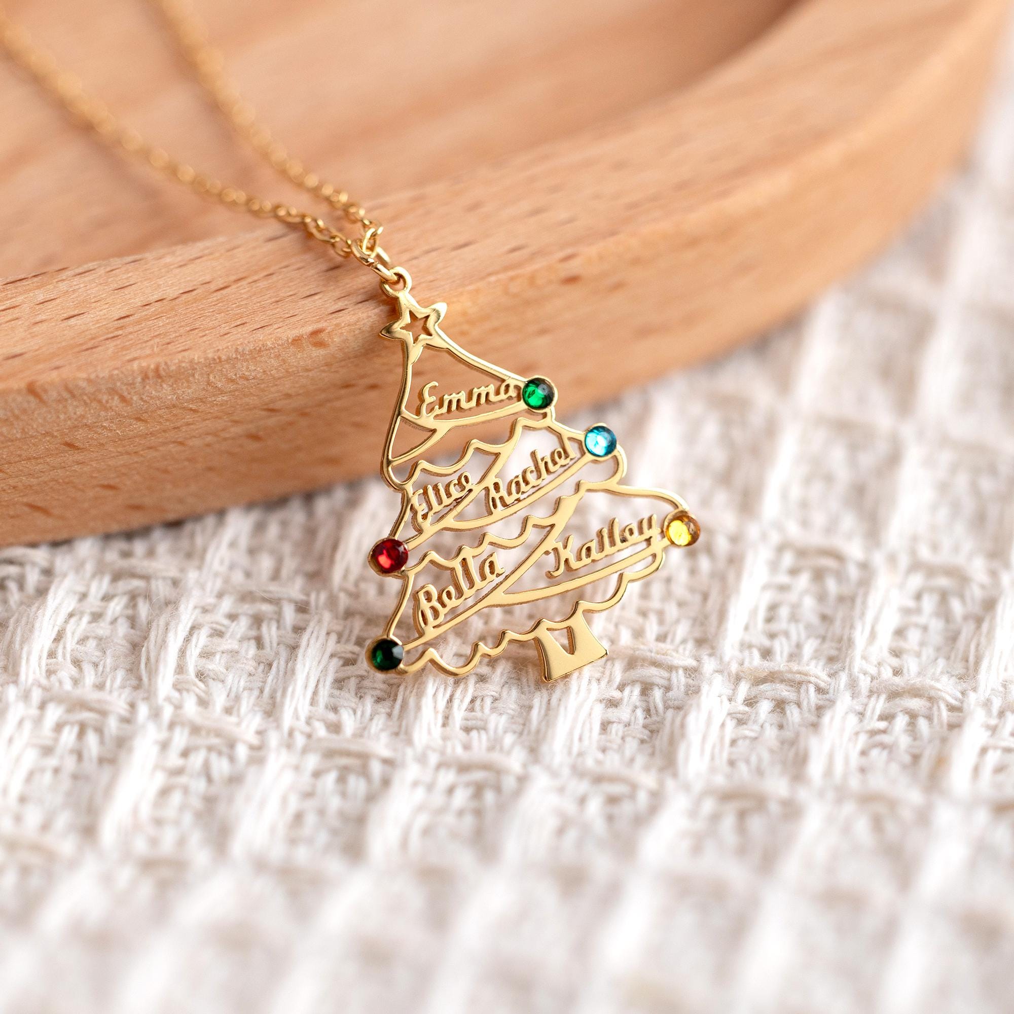 Christmas Tree Name Necklace Custom Birthstone Jewelry Gift