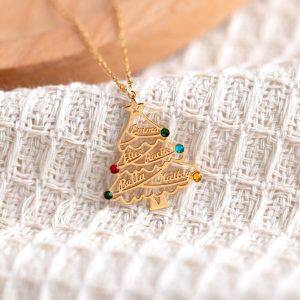 Christmas Tree Name Necklace Custom Birthstone Jewelry Gift