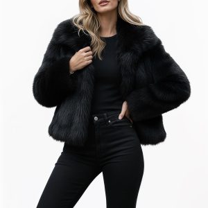 Black Faux Fur Jacket: Short Plush Vegan Coat