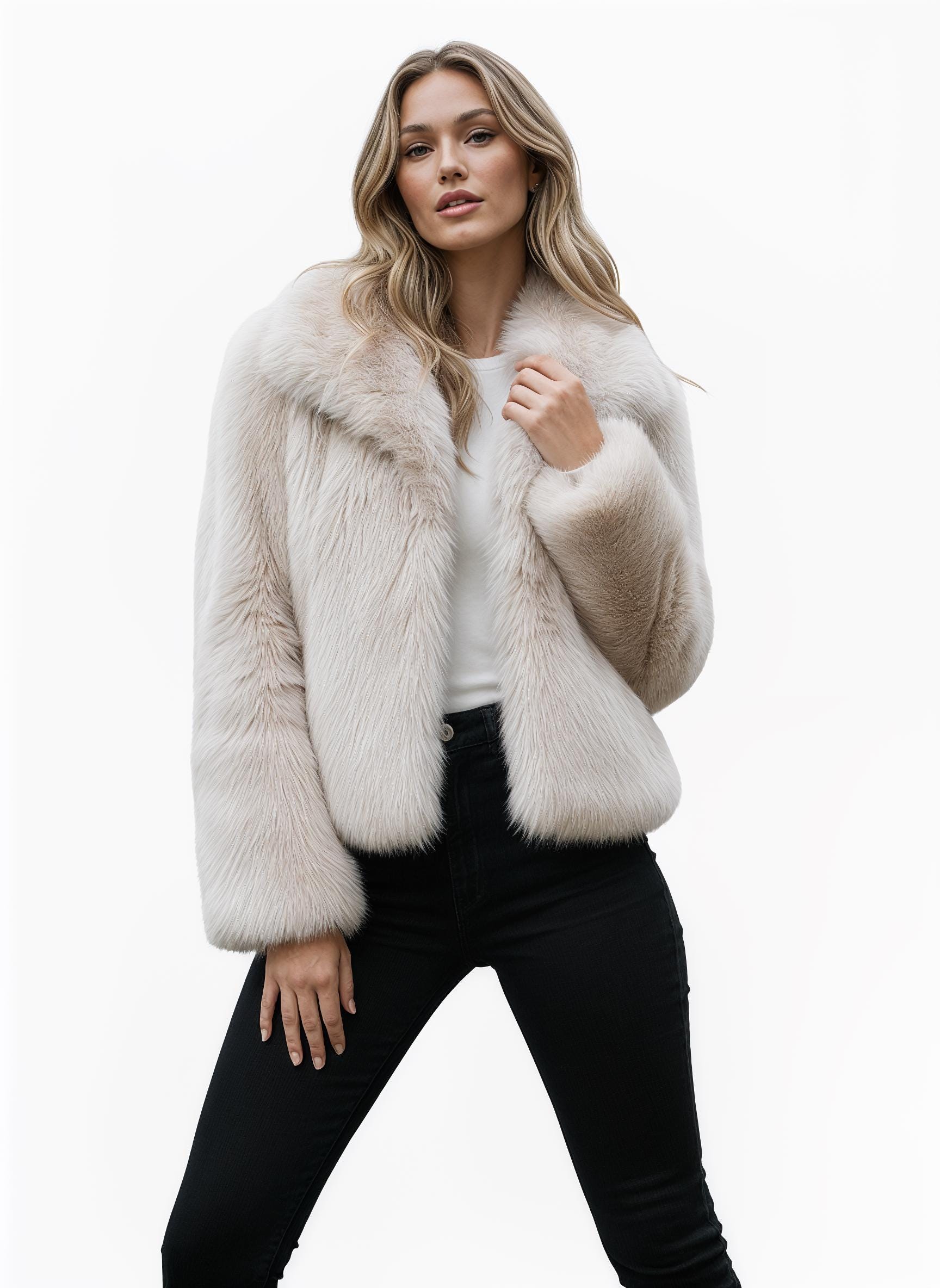 Beige Faux Fur Coat: Short Plush Vegan Jacket
