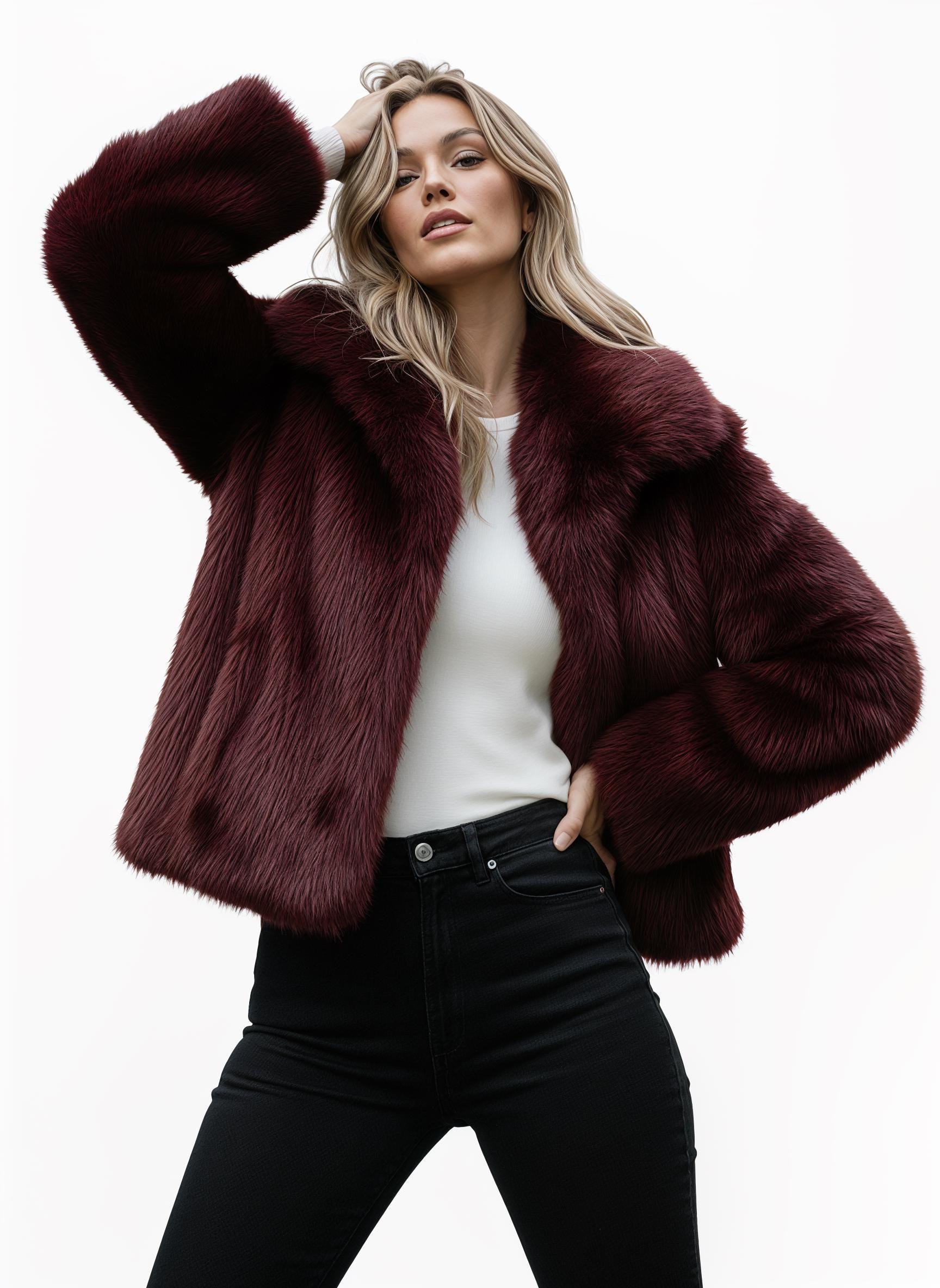 Red Faux Fur Jacket: Vegan Winter Plush Coat